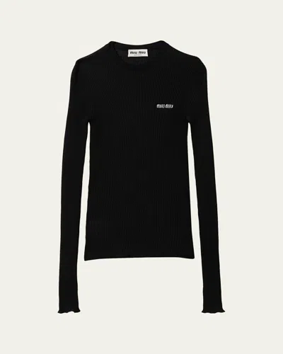 Miu Miu Cashmere-silk Rib Crewneck Sweater In Black