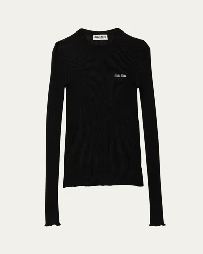 Miu Miu Cashmere Silk Rib Crewneck Sweater In Black
