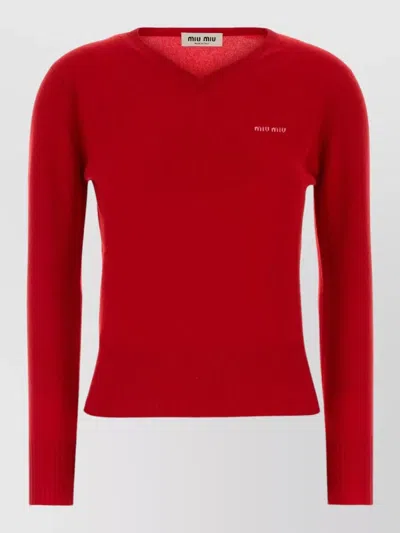 Miu Miu Cashmere Sweater V Neckline Ribbed Trim In Red