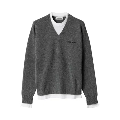 Pre-owned Miu Miu Cashmere V-neck Sweater 'slate Grey' | Women's Size 38 In Gray
