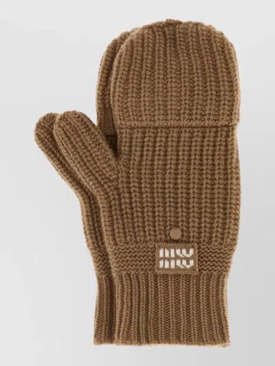 Miu Miu Logo Knitted Convertible Gloves In Brown