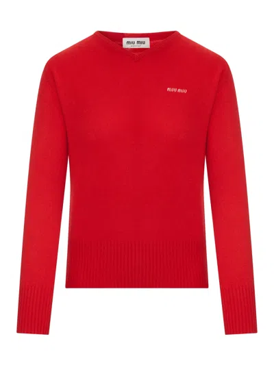 Miu Miu Cashmere V-neck Sweater With Logo In Red
