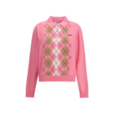 Miu Miu Argyle Pattern Polo With Ribbed Cuffs And Hem In Pink