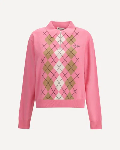 Miu Miu Argyle Pattern Polo With Ribbed Cuffs And Hem In Pink
