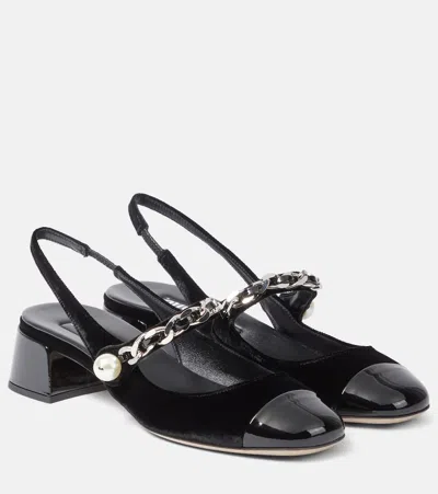 MIU MIU CHAIN-DETAIL VELVET SLINGBACK PUMPS