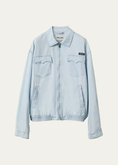 Miu Miu Chambray Blouson Jacket In F0076 Celeste