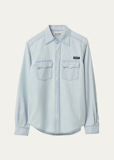 Miu Miu Chambray Button Down Shirt In F0076 Celeste