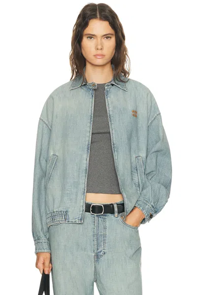 Miu Miu Denim Jacket With Collared Neck And Pockets In Blue