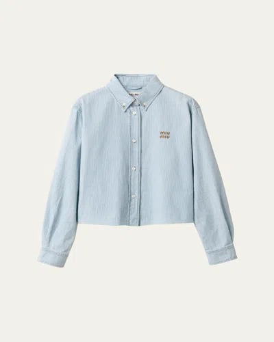 Miu Miu Chambray Riga Long Sleeve Cropped Button Down Shirt