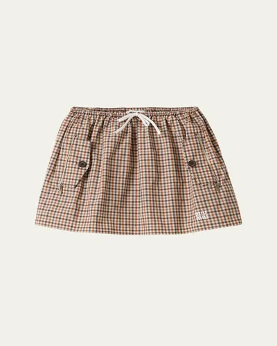 Miu Miu Check Drawstring Mini Skirt In Brown