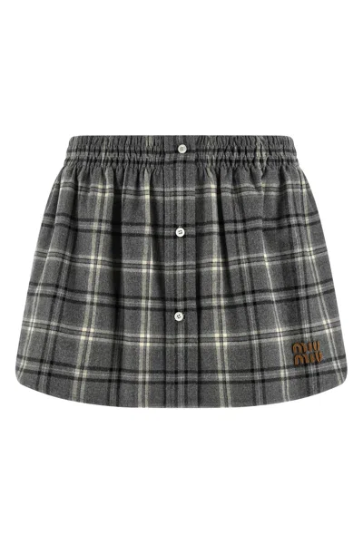 Miu Miu Check Flannel Skirt In Gray