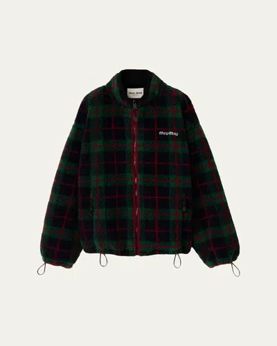 Miu Miu Check Fleece Zip Jacket In Blue