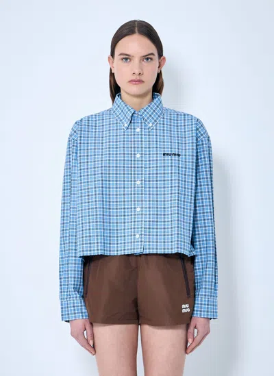 Miu Miu Check Logo Embroidery Shirt In Blue