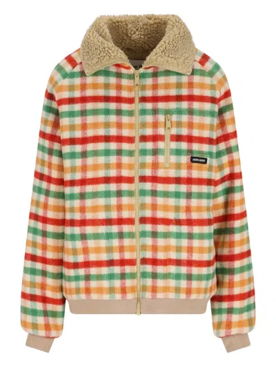 Miu Miu Wool Jacket Plaid Pattern Shearling Collar In Green
