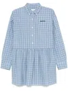 Miu Miu Embroidered Cotton Mini Dress With Pleated Waist In Celeste+blu