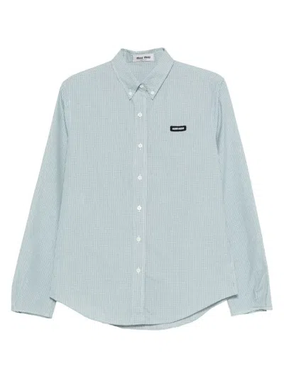 Miu Miu Check Poplin Shirt Long Sleeves Cuffs In Blue