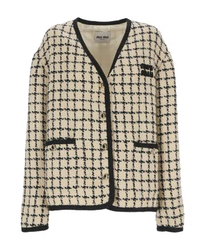 Miu Miu Check-pattern Tweed Jacket In Nude