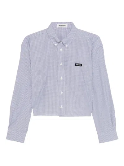 Miu Miu Check Pattern Cropped Poplin Shirt Clothing In Blue