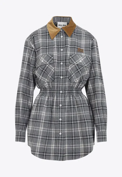 Miu Miu Check Shirt Mini Dress In Gray