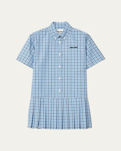 Miu Miu Check Short-sleeve Pleated Mini Shirtdress In Blue