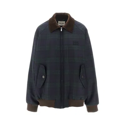 Miu Miu Check Twill Blouson Jacket In Blue