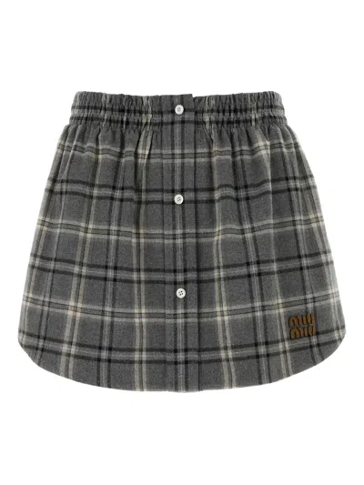 Miu Miu Checked A-line Skirt In Gray