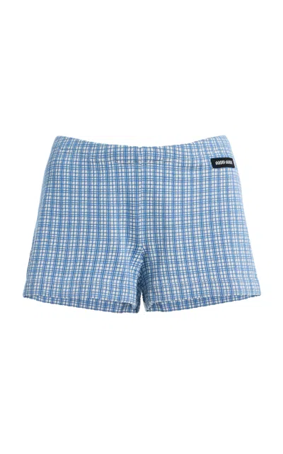 Miu Miu Checked Cashmere-silk Mini Shorts In Blue