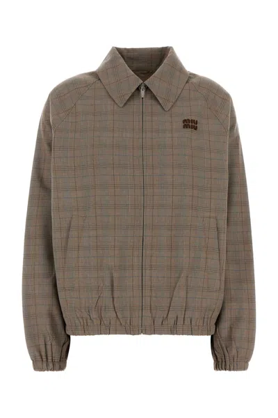 Miu Miu Checked Embroidered Wool Bomber Jacket In Brown