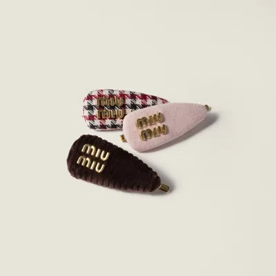 Miu Miu Checked Fabric, Corduroy And Suede Hair Barrettes In Multi