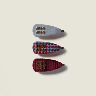 Miu Miu Checked Fabric, Corduroy And Suede Hair Barrettes In Multi