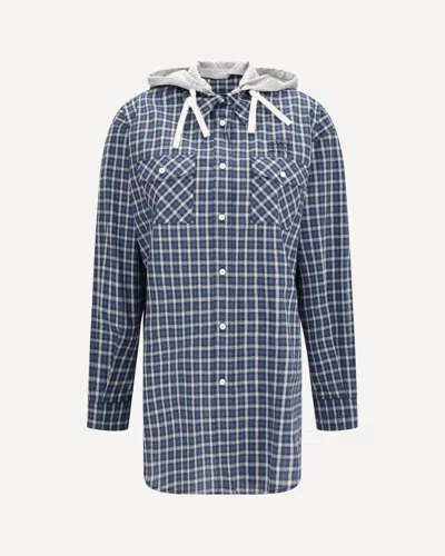 Miu Miu Checked Hooded Shirt In Blue