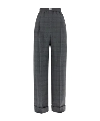Miu Miu Checked Palazzo Trousers In Black