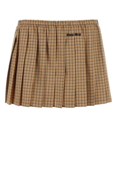 Miu Miu Checked Pleated Mini Skirt In Multi