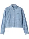 Miu Miu Light Blue Check Poplin Cropped Shirt In Blue