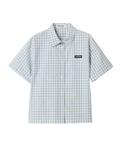 Miu Miu Checked Shirt Collared Neck Short Sleeves In Blue