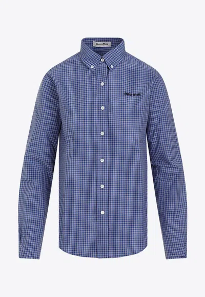 Miu Miu Checked Shirt With Logo-lettering In Blue