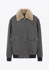 Miu Miu Checked Virgin Wool Jacket With Shearling Collar In Gray