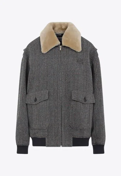 Miu Miu Checked Virgin Wool Jacket With Shearling Collar In Gray