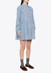 Miu Miu Embroidered Cotton Mini Dress With Pleated Waist In Blue