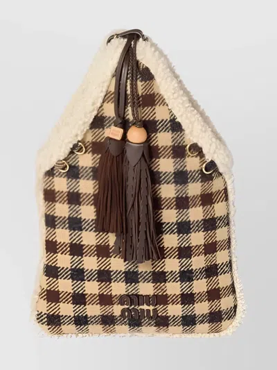 Miu Miu Checkered Tote Bag Shearling Trim In Brown