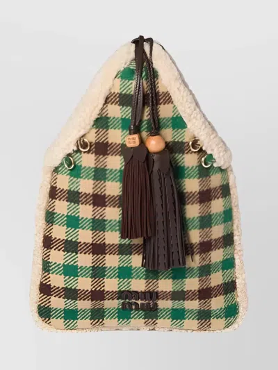MIU MIU CHECKERED TOTE BAG WITH TASSEL AND TRIM