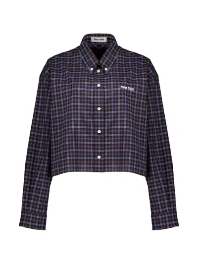 Miu Miu Check-print Cropped Shirt In Blue