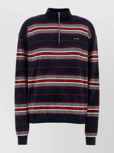 Miu Miu Chenille Sweater Featuring Embroidery And Stripes In Multi