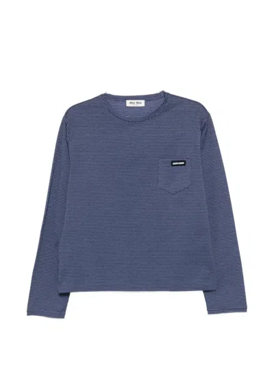 Miu Miu Two-tone Jersey T-shirt With Logo Lettering In Blue