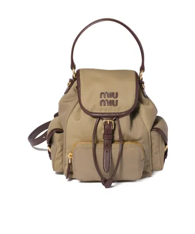 Miu Miu Chino And Leather Backpack In Brown