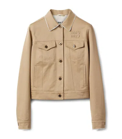 Miu Miu Logo-embroidered Chino Cropped Jacket In Rope Ash