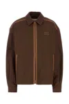 Miu Miu Cotton Jacket With Front Pockets And Contrast Piping In Brown
