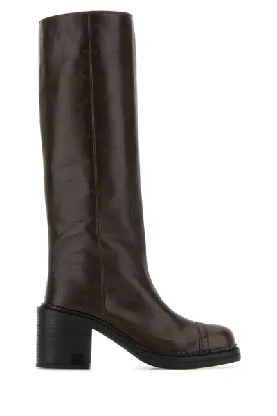 Miu Miu Chocolate Leather Mini Boots With 7.5 Cm Heel In Brown