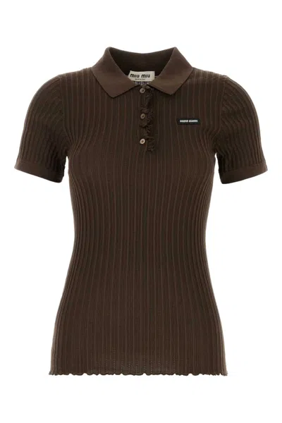 Miu Miu Chocolate Stretch Knit T-shirt Polo Shirt In Brown
