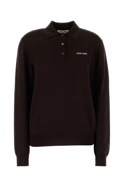 Miu Miu Chocolate Wool Polo Shirt In Black